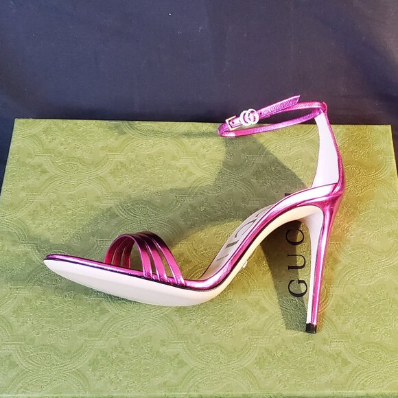 NIB Gucci metallic fuchsia leather stiletto heel GG logo sandals IT 38 US 8 - Picture 5 of 8